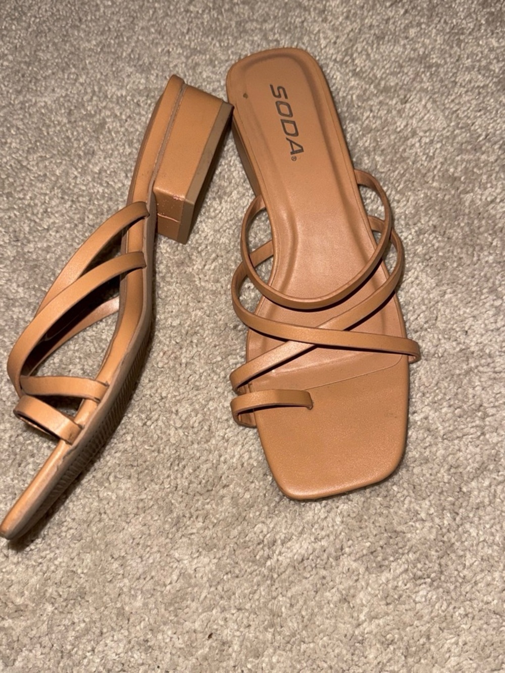 Soda Tan Strappy Square Toe Block Heel Mules